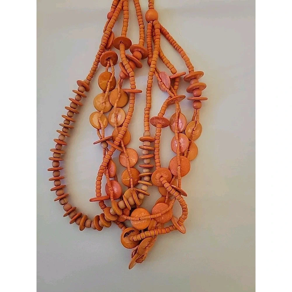 Necklace Dyed Wood‎ Beads Discs Multistrand Tiered Orange Boho Retro